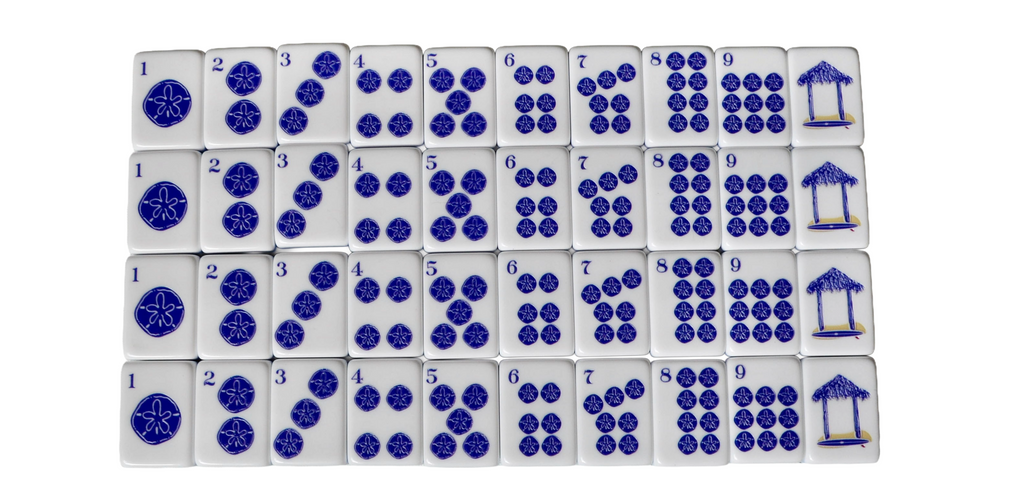 The La Jolla Tiles coastal mahjong set featuring sand dollars a dots. Surf shack. Coastal mahjong. California mahjong set.
