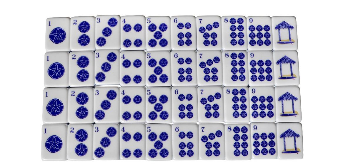 The La Jolla Tiles coastal mahjong set featuring sand dollars a dots. Surf shack. Coastal mahjong. California mahjong set.
